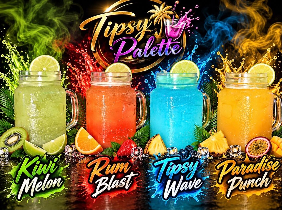 Tipsy Palette signature tropical drinks: Kiwi Melon, Rum Blast, Tipsy Wave, and Paradise Punch