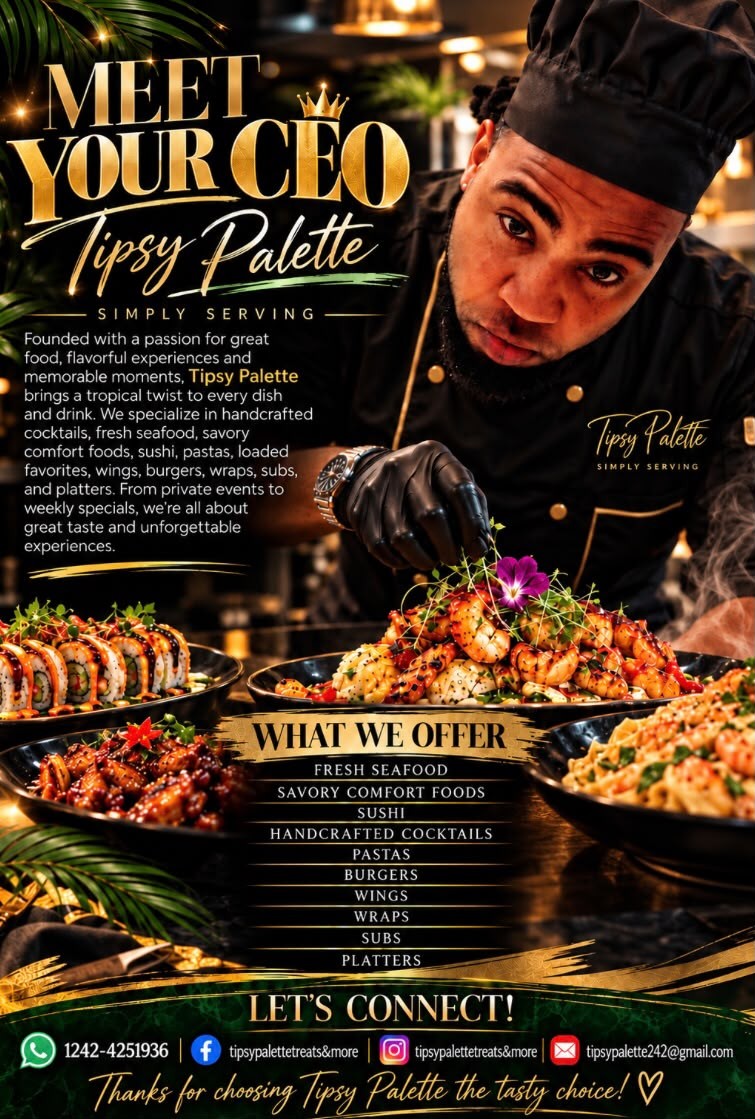 Tipsy Palette flyer: Meet your CEO, a chef in black plating a shrimp dish, with the full list of what Tipsy Palette offers